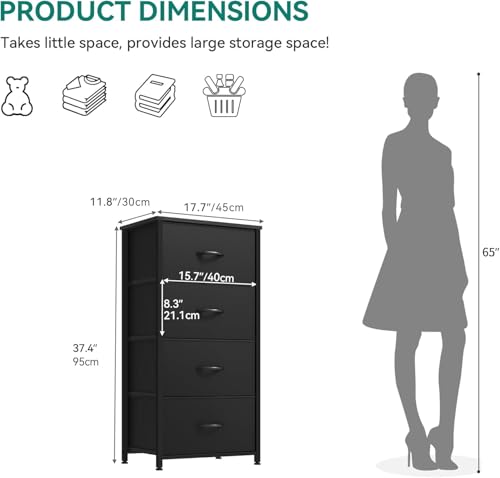 DWVO Storage Tower with 4 Drawers - Black Fabric Dresser, Organizer Unit for Room, Living Room, Closets - Sturdy Steel Frame, Easy Pull Fabric Bins & Wooden Top