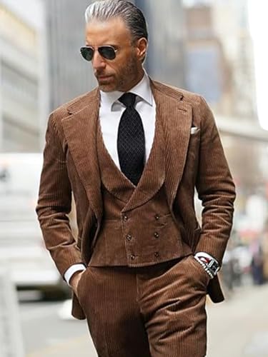 Suit for Men Corduroy Double Breasted 3 Piece Regular Fit Casual Set,Blazer Vest and Pants for Male3
