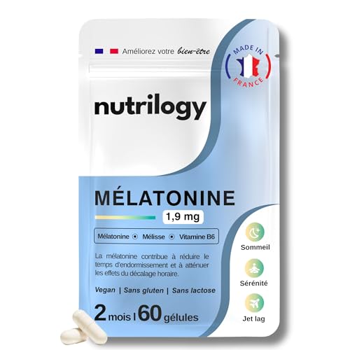 Mélatonine 1,9 mg | Sommeil Réparateur, Endormissement Rapide & JetLag | Avec Mélisse & Vitamine B6 | 2 Mois - 60 Gélules | Complément Alimentaire Vegan & Fabriqué en France | NUTRILOGY
