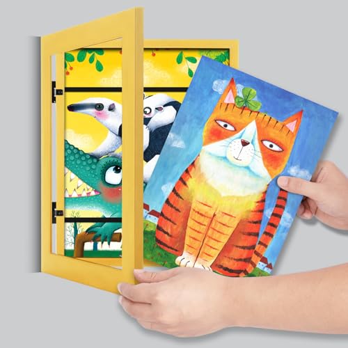 Image of [2-Pack] Kids Art Frames, 8.5x11 Front Opening Kids Artwork Frames Changeable, Milk Yellow Artwork Display Storage Frame for Wall, Holds 50 Pcs, for 3D Picture, Crafts, Children Drawing, Hanging Art,