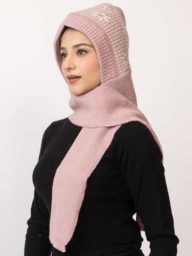Image of AMOLDO Women's Winter Woolen Soft Warm Knitted Designer Muffler Beanie Cap with Fur | Fleece Printed Woolen Hat with Attached Scarf for Cold Weather