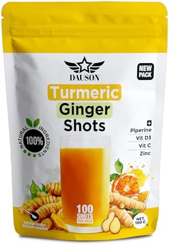 Turmeric Ginger Supplements with Piperine, Vitamin C, Vitamin D3 & Zinc | Turmeric Ginger Shots for Joint, Heart, Brain, Gut & Skin Health | 100 Servings | Ayurvedic | Powder