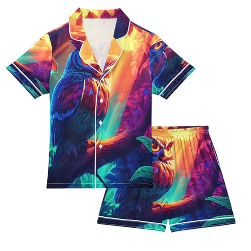 ALAZA Magical Owl Leaf Sunshine Satin Pajamas Set Short Sleeve Button Down Sleepwear Summer Pjs 2 Piece