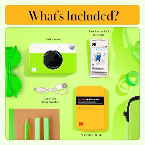 Image of KODAK Printomatic Full-Color Instant Print Digital Camera, Zink 2x3 inch (5.1x7.5 cm) Sticky-Back Photo Paper, 5MP, Portable, Creative Fun Gift for Birthday, Christmas, Holiday, Green