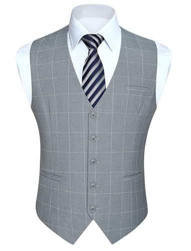 HISDERN Men's Suit Vest Plaid Dress Vest for Men Slim Fit Formal Business Waistcoat Tuxedo V-Neck Solid Vest for Wedding Grey Medium