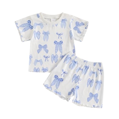 PUHHAPIEY Baby Girl Summer Clothes Toddler Cute Bows Outfit Short Sleeve T-shirt Shirt Tops + Elastic Waist Shorts Set (Blue, 18-24 Months)
