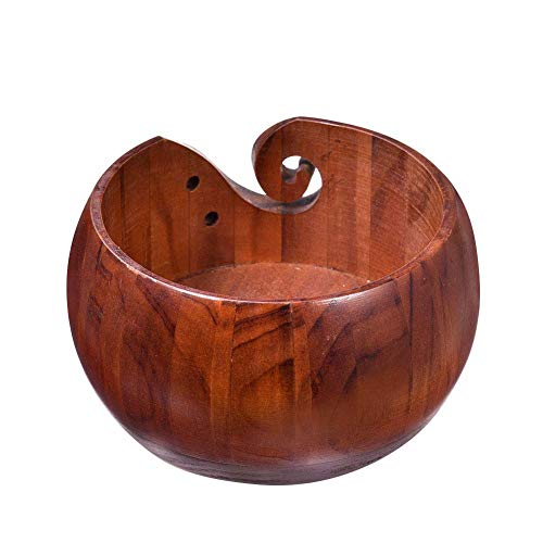 Image of Wooden Crafted Yarn Ball Storage Bowl with Carved Holes and Drills Holes Wooden Yarn Bowl for Crocheting Knitting Accessories DIY Crafts (C)