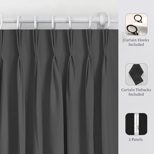 Image of Triple Pinch Pleated Blackout Curtains Thermal Insulated Room Darkening Curtains for Bedroom /Livingroom Pack of 2 Panels, Tiebacks, Hooks (Dark Grey)