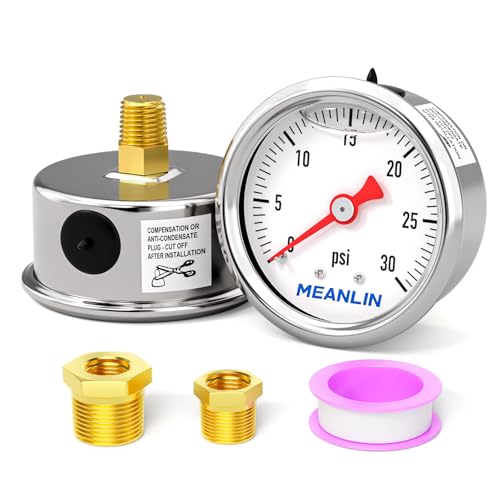 MEANLIN MEASURE 0~30Psi Stainless Steel 1/8" NPT 1.5" FACE DIAL, Glycerin Filled Pressure Gauge, Liquid Filled, Water Oil Air, Back Mount, witwith 1/4" NPT and 3/8" NPT Hex Bushing