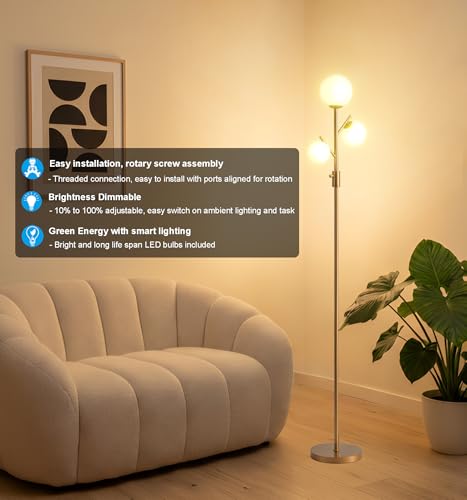 Image of Fiqevs Mid Century Modern 3 Globe Tree Floor Lamp - Dimmable LED Standing Lamp with Bulbs, Warm Light for Living Room Bedroom Office - Antique Brass /Gold