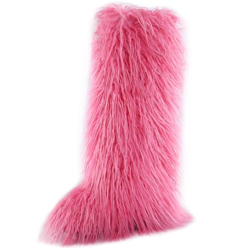 Image of Valpeak Faux Fur Tall Furry Boots for Womens,Long Winter Boots for Girls,Mongolian Fluffy Boots for Kids Fuzzy Knee-High Boots