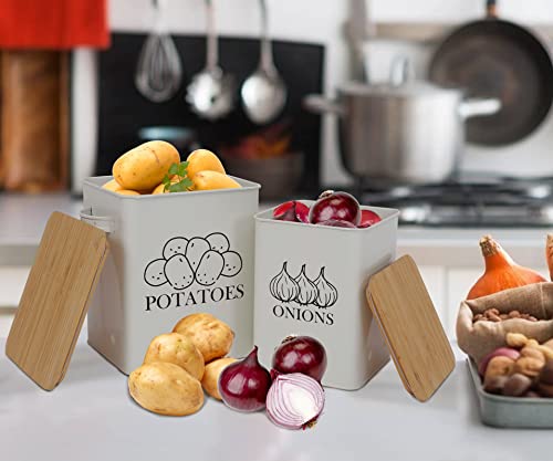Image of Kitchen Vegetable Storage Tins Set of 2 for Potatoes, Onion, with wooden lid Garlic Bin Caddy, Long Shelf Life-white