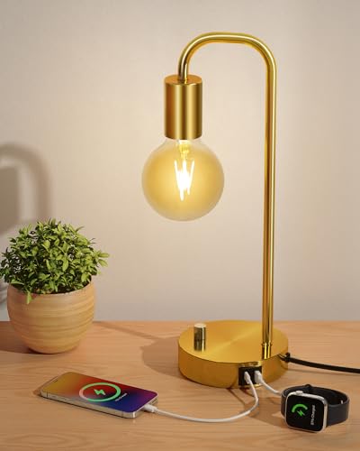 Catálogo de Lámparas de mesa y mesilla de noche de esta semana. 50 ONEWISH - Lámpara de mesa industrial con 2 puertos USB, mesilla de noche regulable, para recámara, lámparas de computadora con foco de oro de 2700 K para leer sala de estar