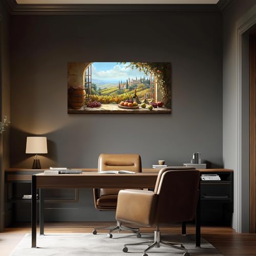 crmotu Faux Window Large Wall Art, Italian Wine Country Landscape Art Prints, Vineyard Picture Kitchen Wall Decor, Sunlit Rustic Grape Fields Paintings for Dining Room Hallway Basement 20x40 Inch
