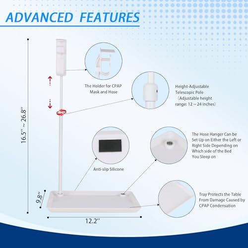 Image of Bedside Retractable CPAP Hose Holder - (Wall-Damage-Free) White Adjustable Height Hook for Hanging Mask & Tubing to Keep CPAP Supplies Tidy & Boosts Sleep Quality