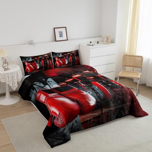 Image of Feelyou Boxing Bedding Set Sports Theme Comforter Set for Kids Boys Girls Men Red Boxing Gloves Pattern Comforter Pugilism Games Vintage Decor Quilt Set with 2 Pillowcases 3Pcs Bedding Queen