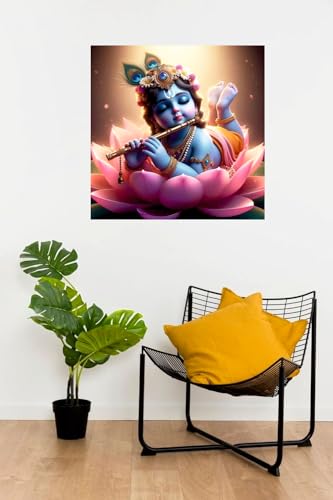 Image of Techgifti Little Baby Krishna In Pink Lotus Flower God Wall Poster For Pooja Room,Living Room,Office (Size - 45Cm X 45Cm)