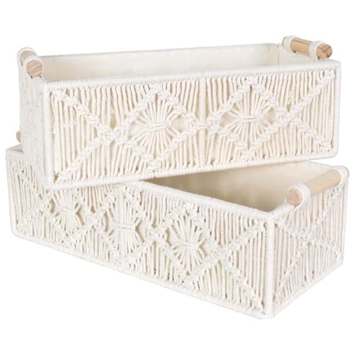Set de 2 pcs Canasta Tejida a Mano, Decor Cesta Organizadoras con Mango de Madera, Cestas Decorativas, Cestas Almacenaje para Armarios, Salones, Cambiador, Cajones, Mesas, Cómodas(Marfil)