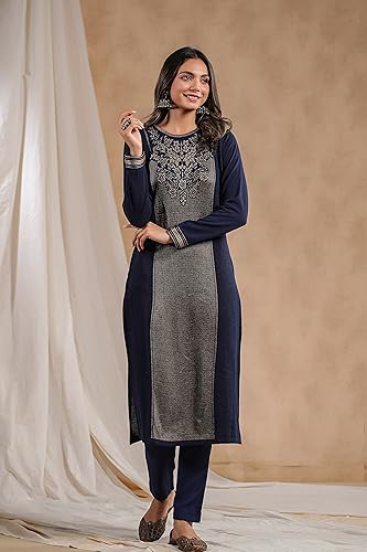 Image of Ishin Womens Polyester Straight Fit Jacquard Style Ethnic Motifs Winterwear Kurta