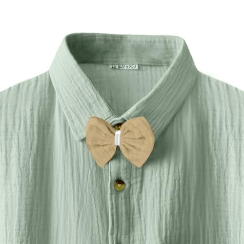 Image of Bold N Elegant Kids Linen Solid Shirt & Shorts Co-Ord Set|Stylish Party Short-Sleeve Shirt With Bow & Comfy Shorts|Cool & Comfortable Summer Wear