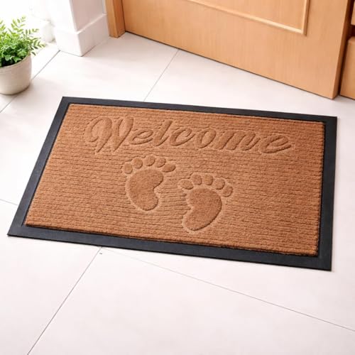 Image of DecorTwist PVC Door Mat 60x40 cm | Heavy Duty Indoor Outdoor Entrance Mat | Anti-Slip Rubber Back | Waterproof Dust & Dirt (Style 4 [ Brown ], Polyester & PVC Door Mat 60 * 40 cm, Pack of 2)