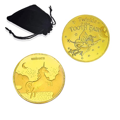 Catelves Zahnfee Münzen Einhorn Zahnfee Geschenke, 2 Stück Zahnfee Goldtaler mit Aufbewahrungstaschen, Goldmünzen Kinder, Geschenk Zahnfee Junge,Zahnfee Geschenke Mädchen