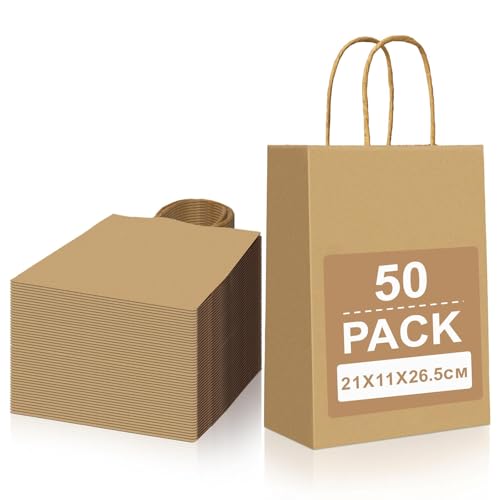 Gucass 50 Pezzi Marrone Sacchetti Carta con Manici, Medi Borse Carta Kraft Sacchetti da Regalo Carta, 21x11x27cm, Shopper in Kraft Carta Borsa Regalo, per Feste Compleanno Natale Matrimoni Shopping