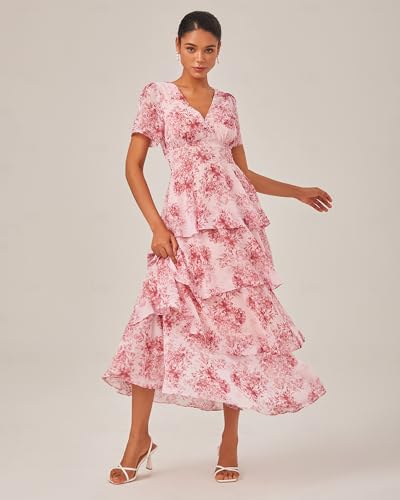 ADOR Women's Floral Summer Empire Waist V Neck Casual Long Flowy Chiffon Maxi Dress Ruffle Tiered Short Sleeve A-line Dreses2
