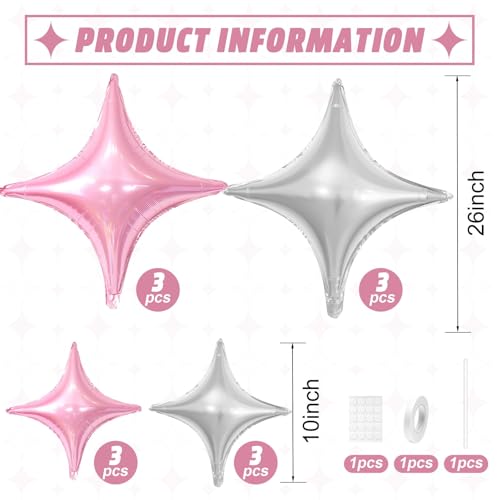 Image of Pink Silver Star Balloons,12Pcs Four Angle Star Foil Balloons,26Inch and 10Inch Pink Silver Quadrangle Helium Balloon for Birthday Anniversary Baby Shower Wedding Party Decorations