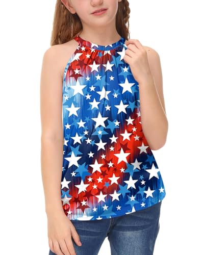 Image of BesserBay Girls Summer Back Button Halter Neck Tank Top Cold Shoulder Casual Blouse Pleated Sleeveless Shirts 5-14 Years