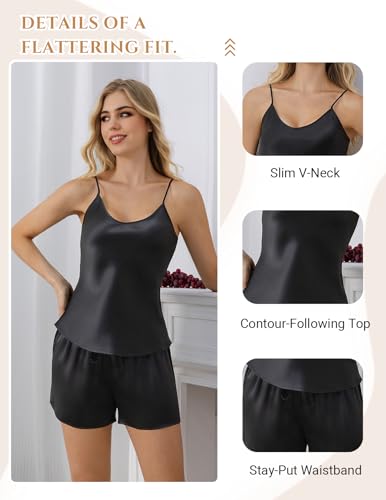Image of THXSILK 100% Mulberry Silk Women Cami Pajama Set, Tank Top with Shorts Sleepwear, Adjustable Spaghetti Straps, Luxury Pj Set
