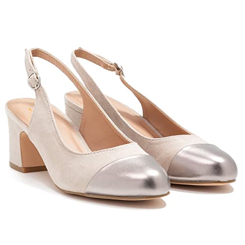 MOOMMO Women Chunky Heel Pumps Slingback Cap Toe Slip On Round Toe Dress Shoes Two Toned Patchwork 2 inch Low Heel Office Lady Formal Elegant Slide Sandals Close Toe 4-13 M US