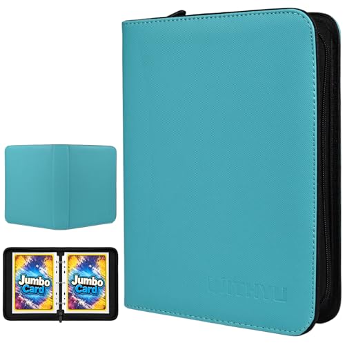 WITHYU Jumbo Card Binder 5.4 x 7.4 Inch 3-Ring Card Album with Zipper Holds Oversized Jumbo Cards 40 Removable Sleeves with 80 Pockets PU Leather Storage Album for Card Collectors Aqua Blue