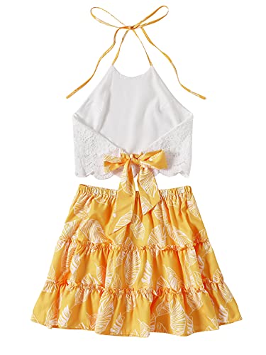 Lyaner Women's 2 Piece Outfits Summer Lace Halter Cami Crop Top With Floral Mini Skirt Set Yellow Medium #TOP1