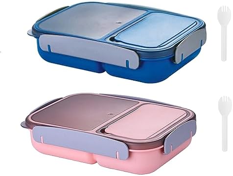 2 Pack, Pair – Lunch Box Set, Bento Box, Food Container for Adults, Kids, Baby for School, Work, Daycare. Lunch Boxes wirh 2 Compartments, Leak Proof, Spoon. (Blue/Peach – 1200ML)