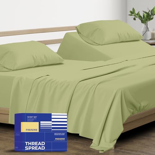 Image of THREAD SPREAD Split King Sheet Set, Luxury 1000 Series Paradise Collection 100% Egyptian Cotton Split King Sheets Sets for Adjustable Bed (5 PC, Sage Green), Soft, 16 inch Deep Pocket Hotel Sheets