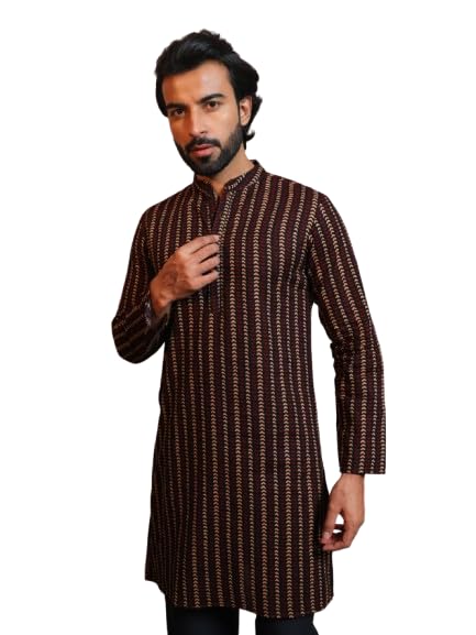 Image of Vastraa Fusion Men's Printed Kurta Pure Cotton Long Kurta, Round Collar, Full Sleeves, Button Kurta, Ethnic Wear