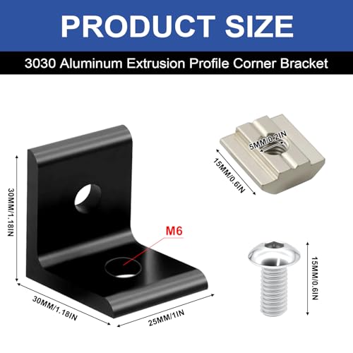 Image of 24 Pack 3030 Corner Bracket Connector 30 Series Aluminum Extrusion Profile Accessories Hardware, 90 Degree Angle Bracket for 30x30 Extruded Aluminum Black