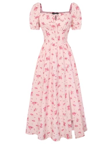 Image of Scarlet Darkness Women's Floral Corset Dress with Split 2026 Summer Spring Square Neck Midi Milkmaid Dresses