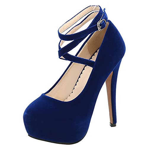 KOKOMOMO Womens Faux Suede High Heel Platform Stiletto Round Toe Ankle Strap Pumps