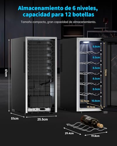 Miniatura 2 de Wie Vinoteca 12 Botellas, 33 L Nevera Vinos, 26db, 8-18 C Con Pantalla Táctil Inteligente Led, Refrigeración Termoeléctrica, Puerta De Cristal Espejado, 5 Estantes Ajustables, Luz Led
