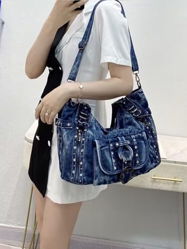 Image of Designer Denim Handbags for Women Hobo Tote Bag Crossbody Denim Purses Blue Jean Shoulder Bag
