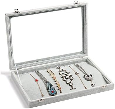 NEOTEND Glass lid Jewelry Tray 20 Hooks Necklace Showcase Display Organizer Gray