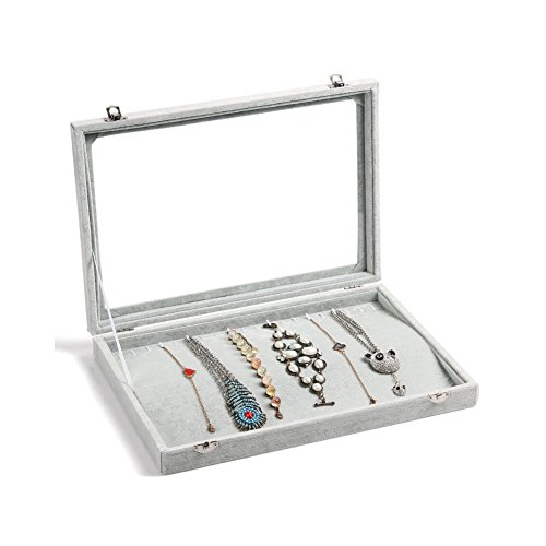 NEOTEND Glass lid Jewelry Tray 20 Hooks Necklace Showcase Display Organizer Gray