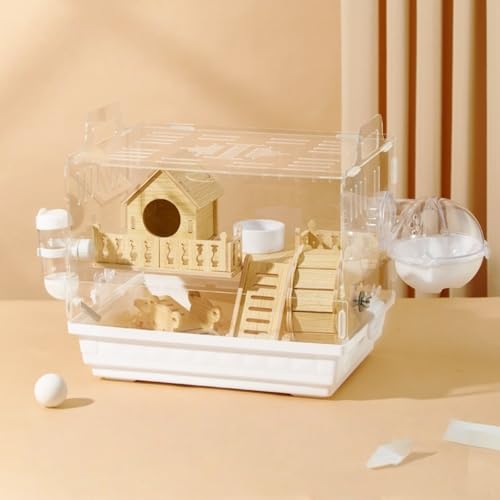 XVVXデラックスな二重層透明アクリルハムスターケージは、お手入れが簡単な無垢材で作られており、ウォーターボトル、トレッドミル、バスタブ、フードボウルなどが付属しています。 (パストラルハウス シーソー 9点セット,ホワイト)