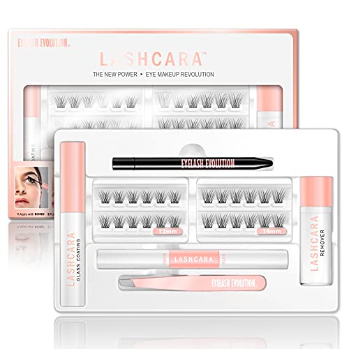 DIY Eyelash Extension Kit EYELASH EVOLUTION Natural Cluster Lashes 12mm 14mm Effect Remover Dual End Bond BOND GLUE Glass Coating brush Individual Lash 24 Clusters (Kit-Lash×2+Multi Functional Set)