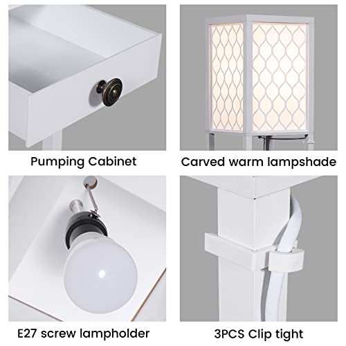 Saudism Floor Lamp With Shelves, E27 Led Bulb Tall Standing Lamp With Remote, Modern Reading Lamp With A Drawer Storage, For Bedroom, Living Room, Office, Adjustable Lights Modes, 62" Tall (White) #TOP2