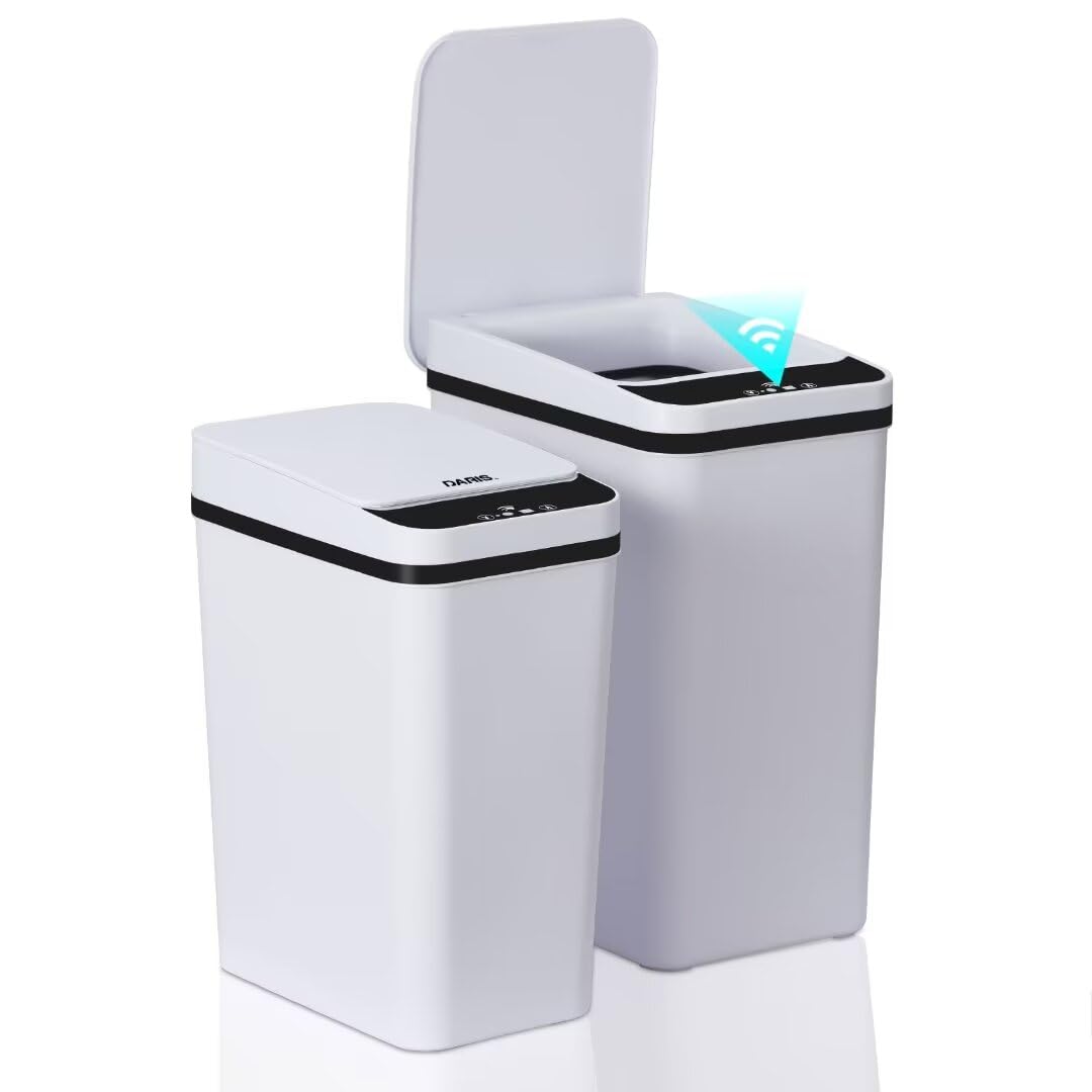 DARISTrash Can, White 2Pcs Set,2 Rolls of Trash Bags, Waterproof Motion Sensor Trash Can with Lid, Ultra-Thin Plastic Narrow, Suitable for Bedroom,Bathroom, Office