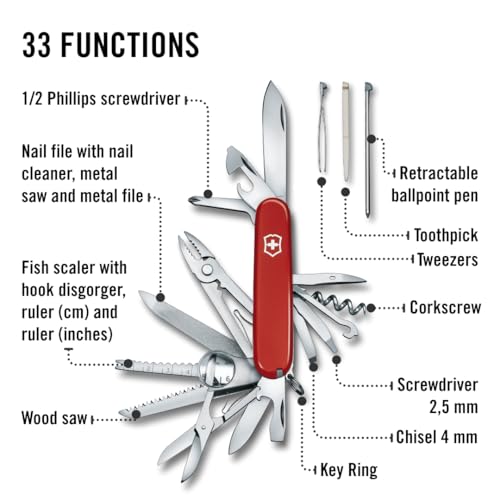 Image of Victorinox Swiss Champ Swiss Army Pocket Knife, 33 Functions, Red | Iconic Swiss Made EDC tool with large blade, wood saw, pliers, scissors, magnifying glass, and Phillips screwdriver.