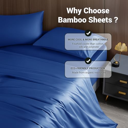 Image of Shilucheng 4 Piece Full Sheet Sets, Cooling Sheets, Blend Rayon Derived from Bamboo, Deep Pocket Up to 16 inch, Breathable & Soft Bed Sheets, Hotel Silky Bedding Set, Navy Blue